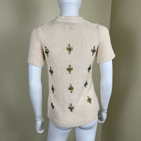J. Crew Women's Size XXS Cream Linen Jeweled Medallion Knit Crewneck Sweater Top - Picture 4 of 13